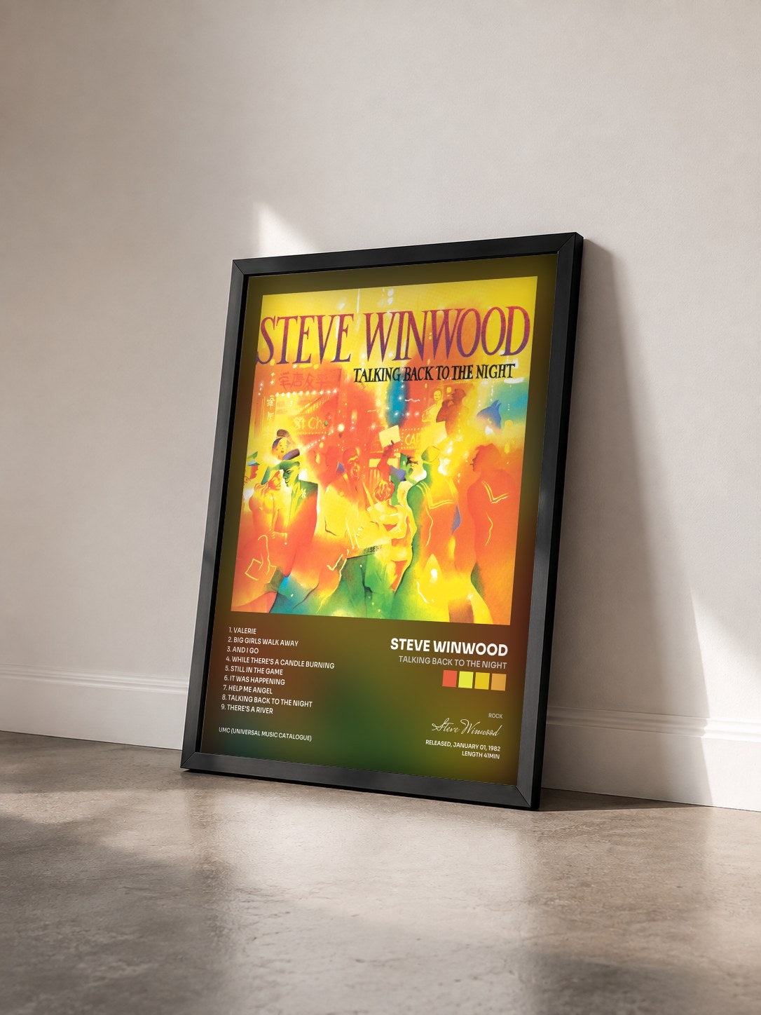 #noir Tableau de l'album Talking Back To The Night de Steve Winwood vu de trois quarts, cadre noir