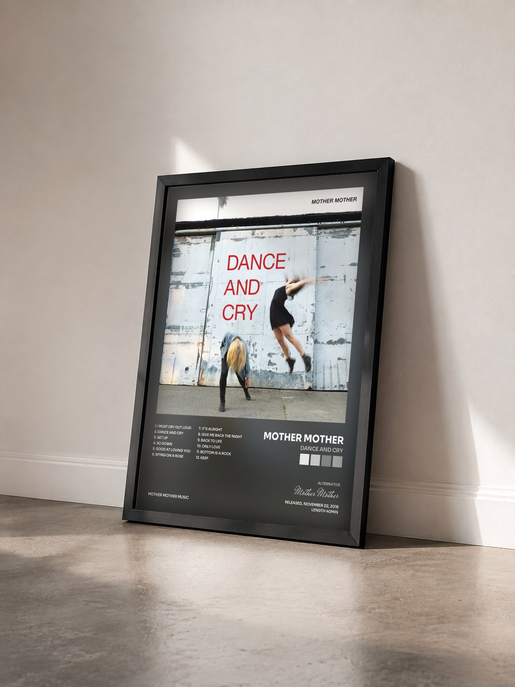 #noir Tableau de l'album Dance And Cry de Mother Mother vu de trois quarts, cadre noir