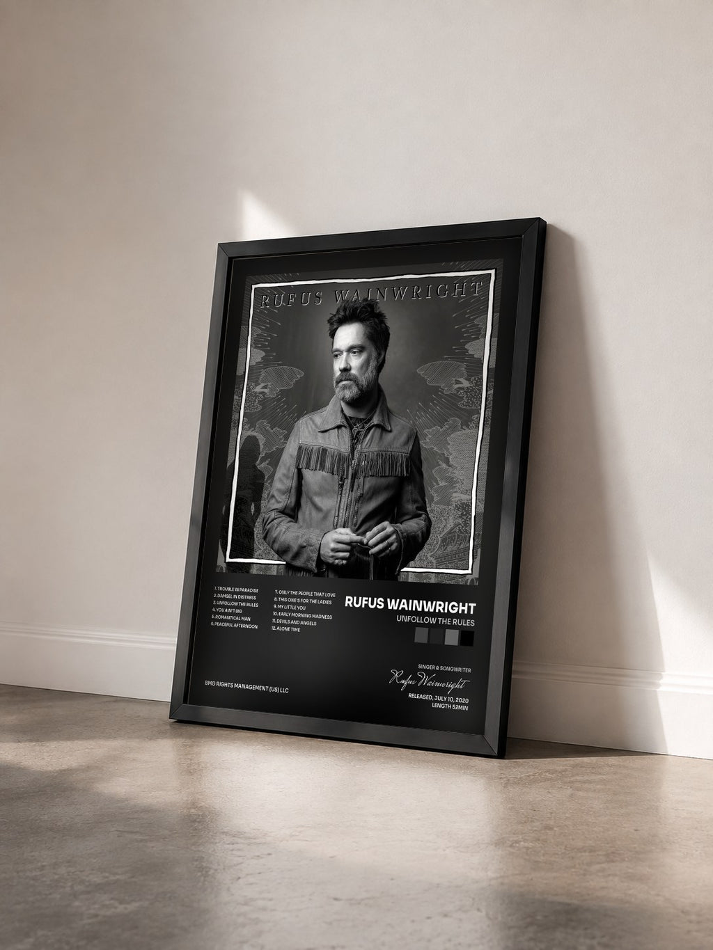 #noir Tableau de l'album Unfollow the Rules de Rufus Wainwright vu de trois quarts, cadre noir