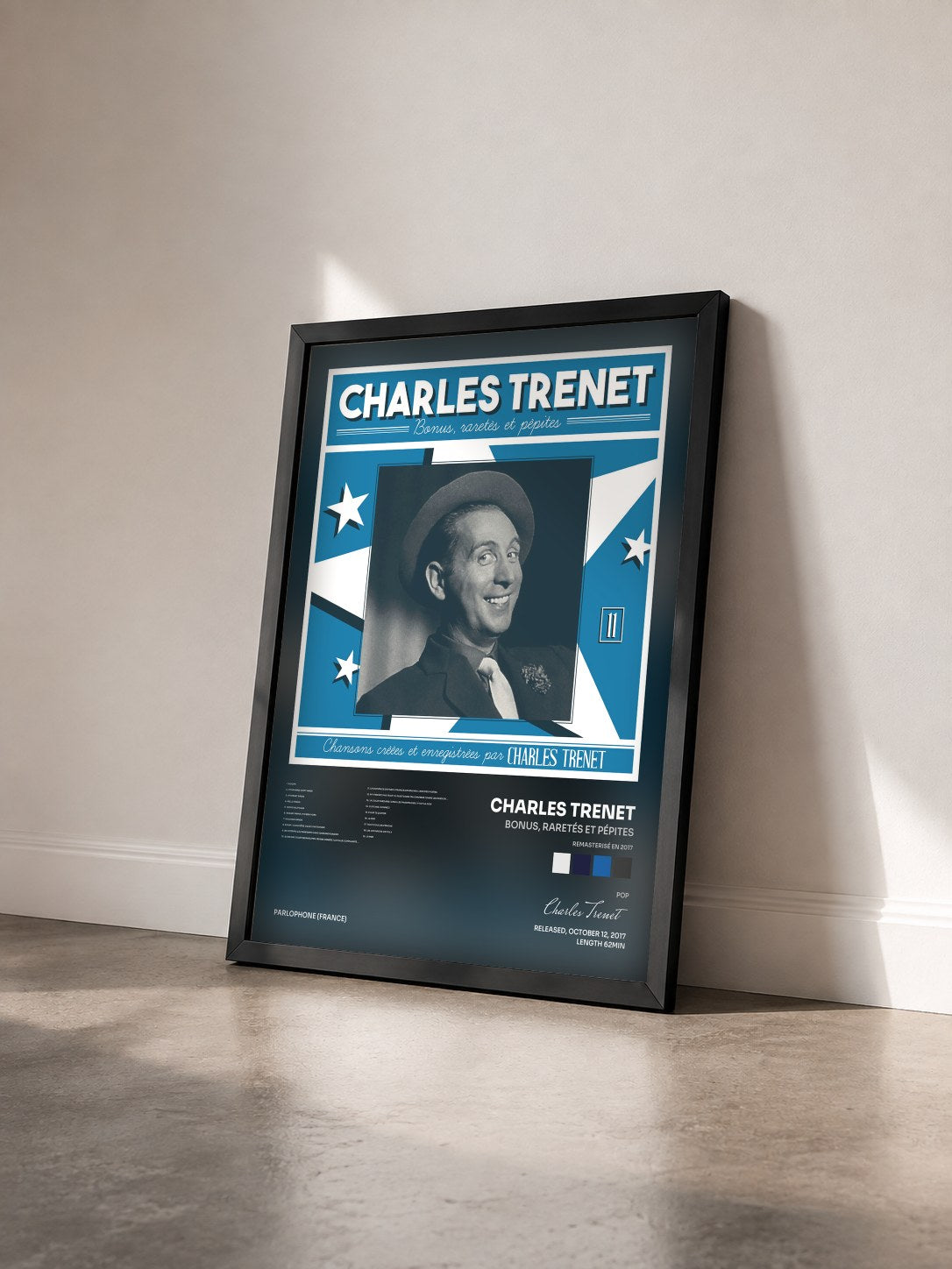 #noir Tableau de l'album Bonus, raretés et pépites (Remasterisé en 2017) de Charles Trenet vu de trois quarts, cadre noir