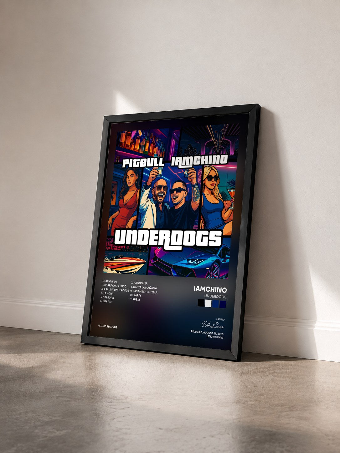 #noir Tableau de l'album UNDERDOGS de IAmChino vu de trois quarts, cadre noir