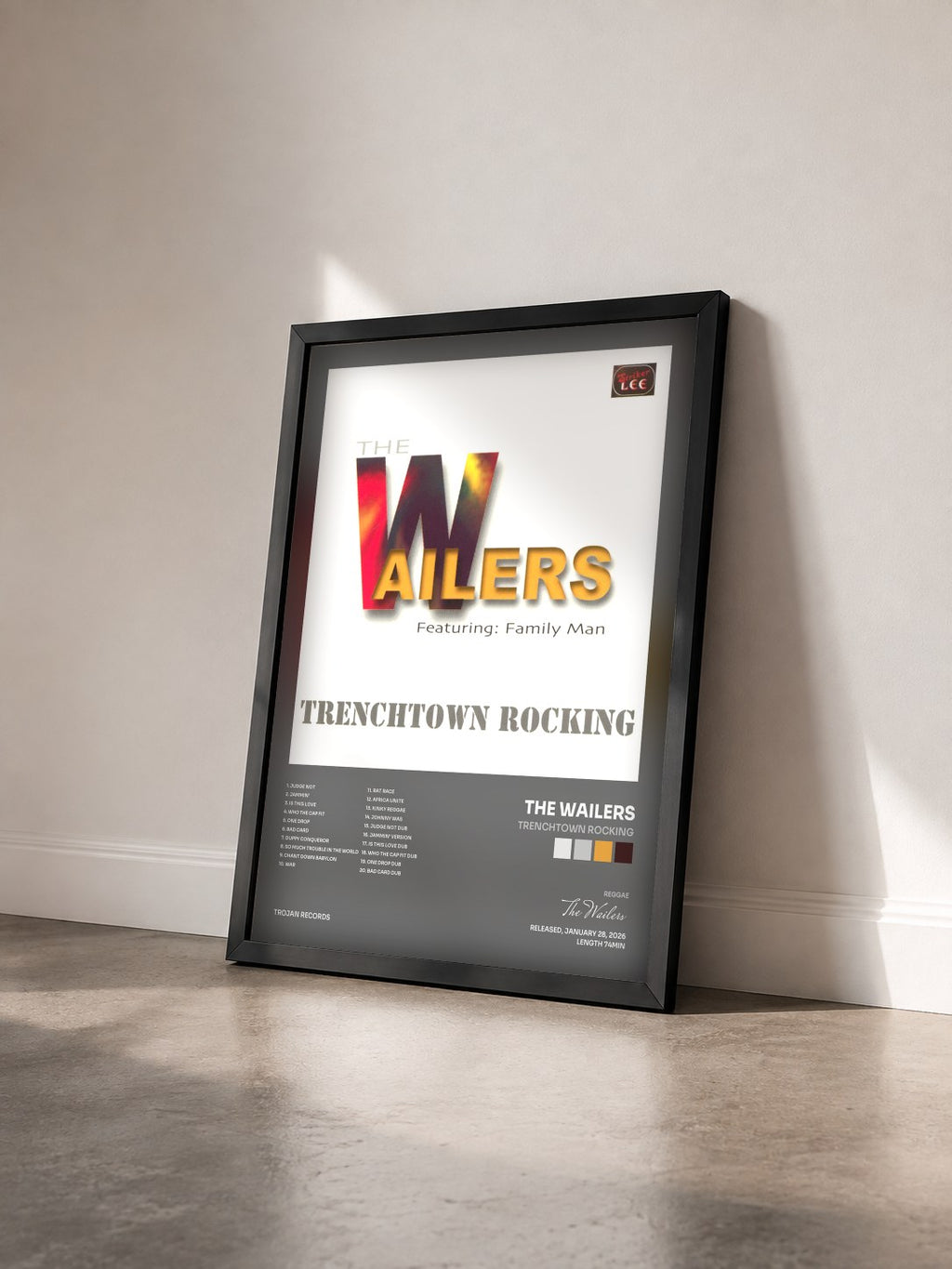 #noir Tableau de l'album Trenchtown Rocking de The Wailers vu de trois quarts, cadre noir