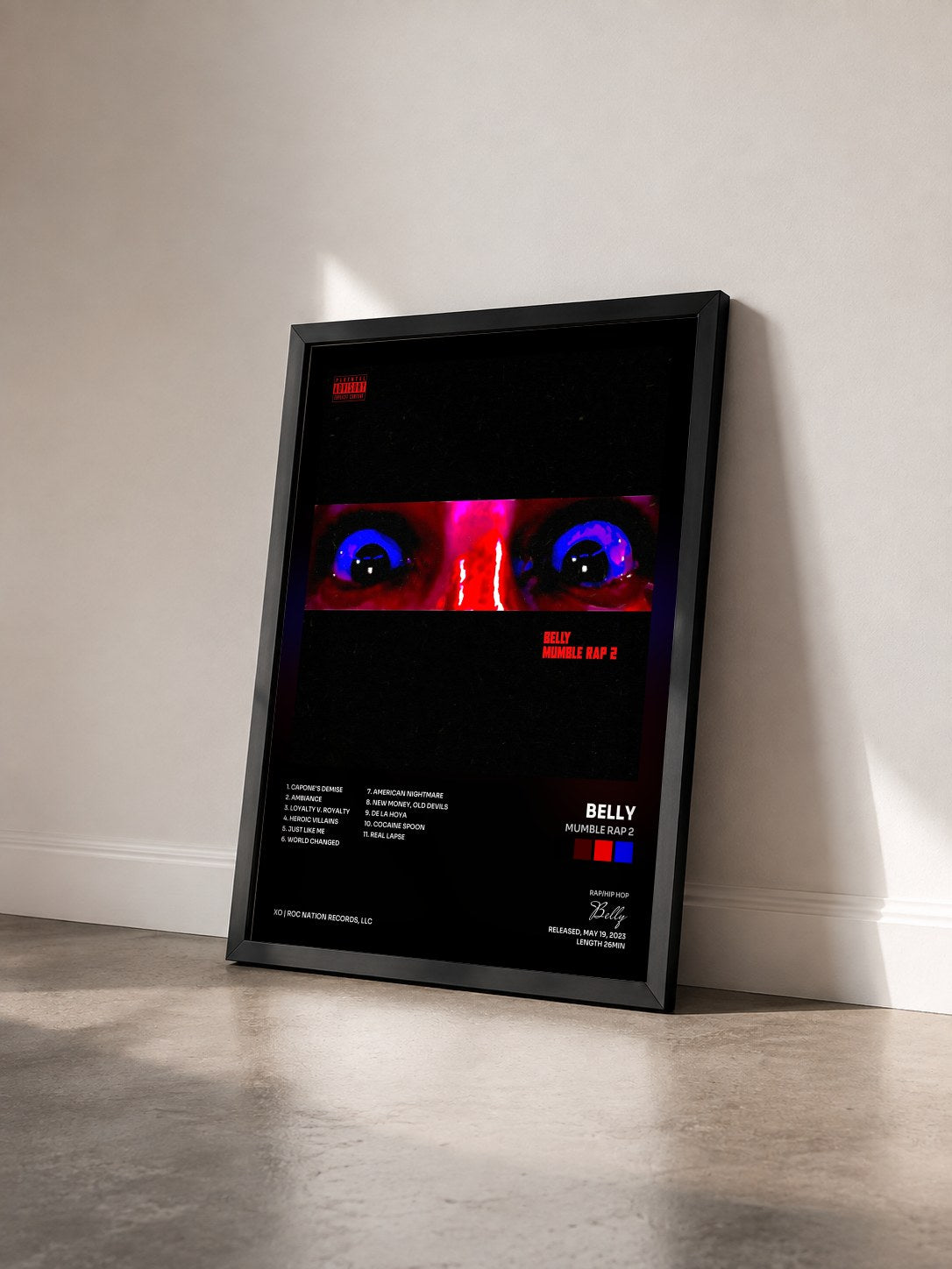 #noir Tableau de l'album Mumble Rap 2 de Belly vu de trois quarts, cadre noir
