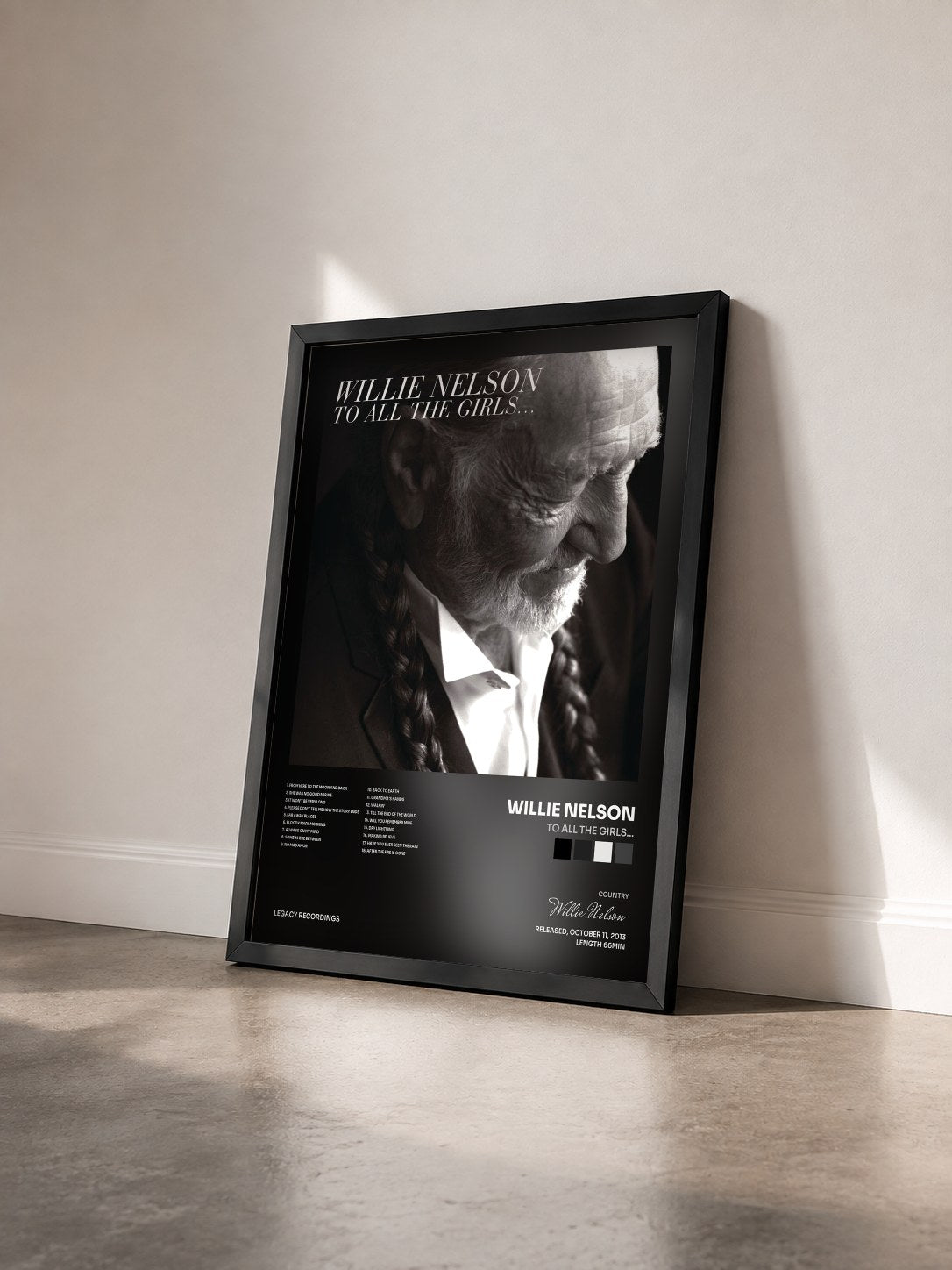 #noir Tableau de l'album To All The Girls... de Willie Nelson vu de trois quarts, cadre noir