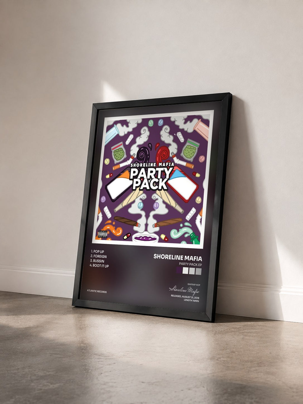 #noir Tableau de l'album Party Pack EP de Shoreline Mafia vu de trois quarts, cadre noir