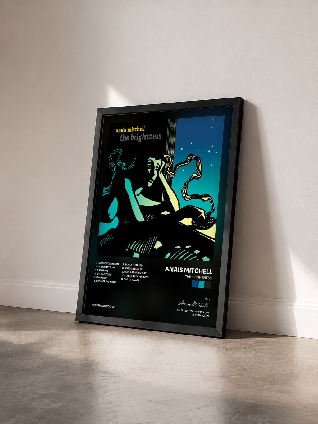 #noir Tableau de l'album The Brightness de Anais Mitchell vu de trois quarts, cadre noir