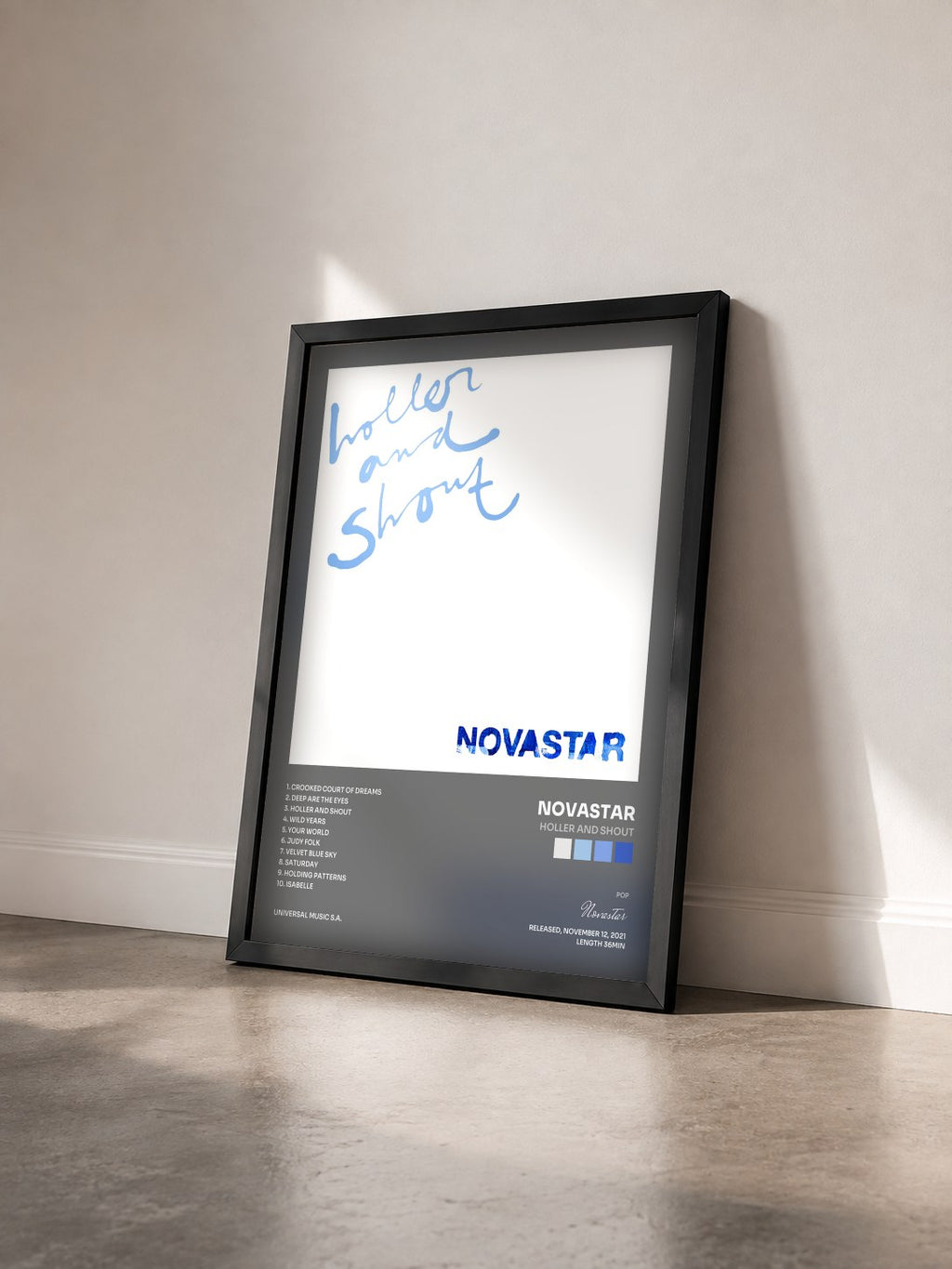 #noir Tableau de l'album Holler And Shout de Novastar vu de trois quarts, cadre noir