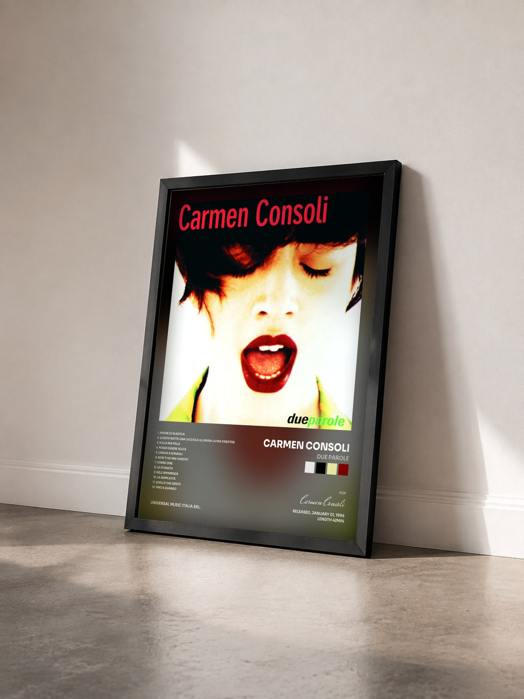 #noir Tableau de l'album Due Parole de Carmen Consoli vu de trois quarts, cadre noir
