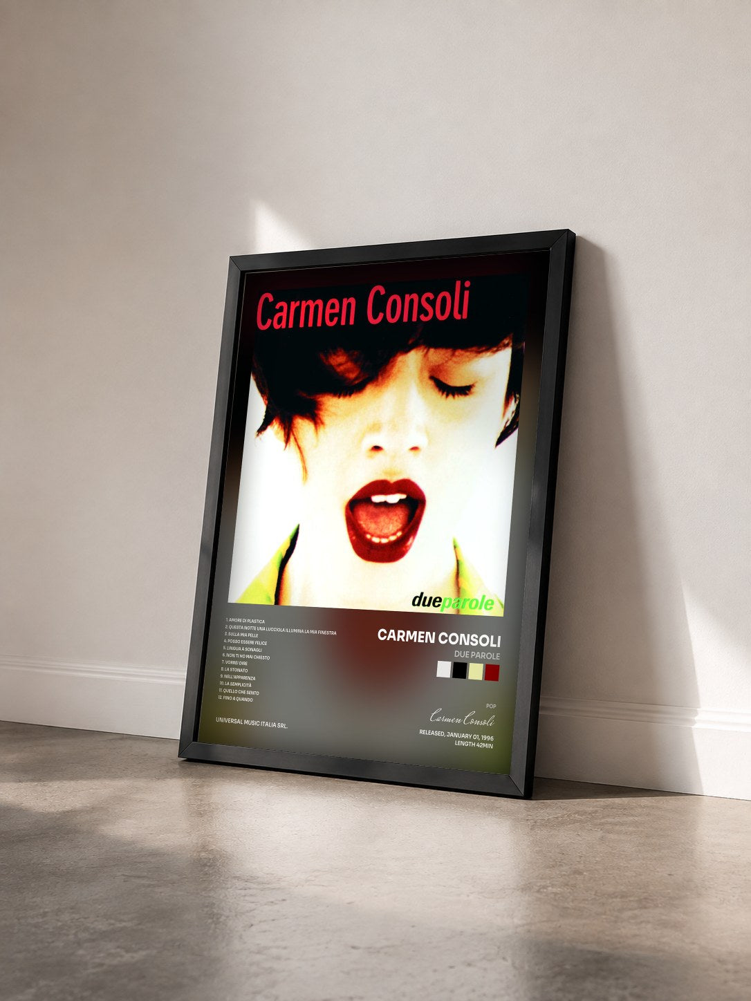 #noir Tableau de l'album Due Parole de Carmen Consoli vu de trois quarts, cadre noir