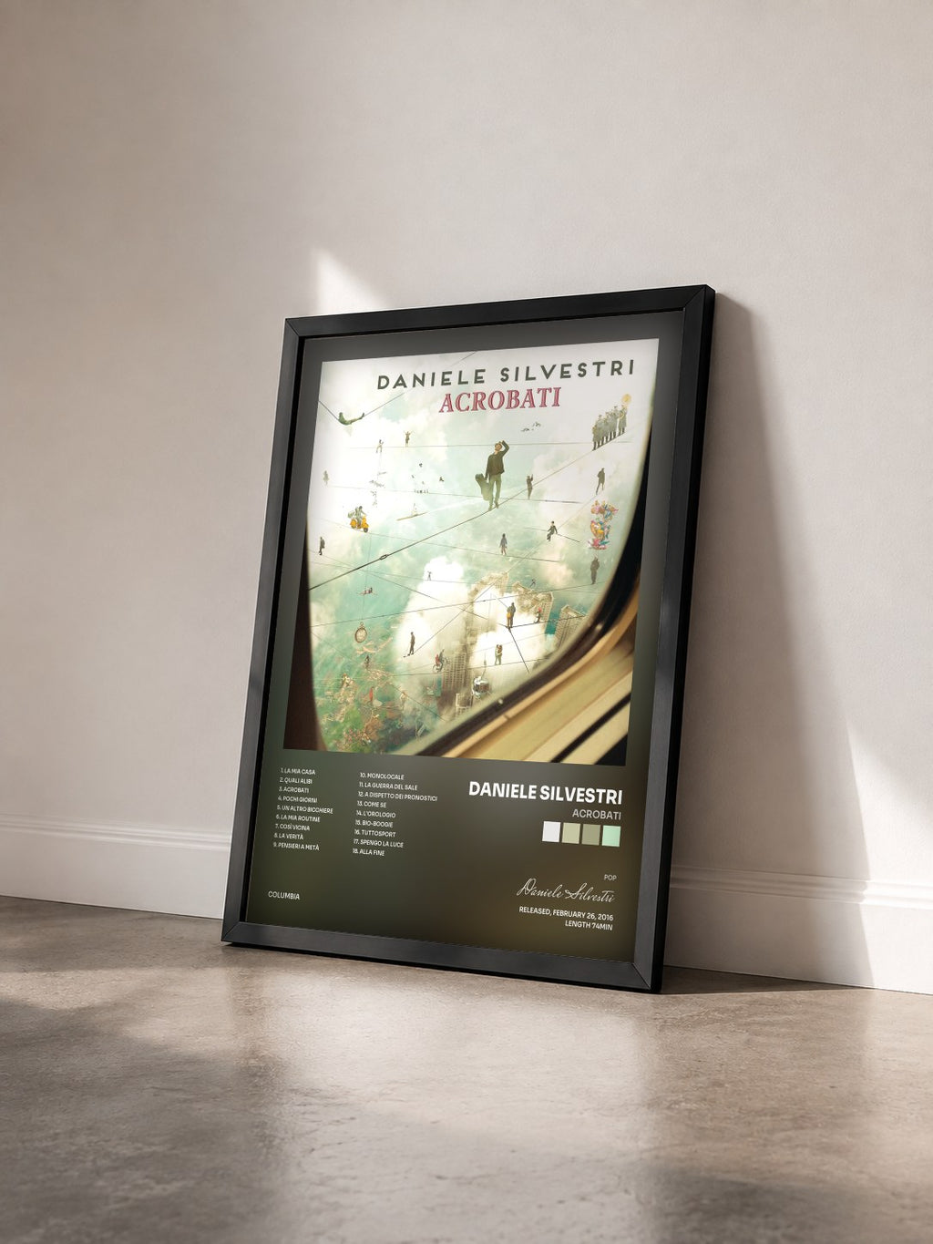#noir Tableau de l'album Acrobati de Daniele Silvestri vu de trois quarts, cadre noir