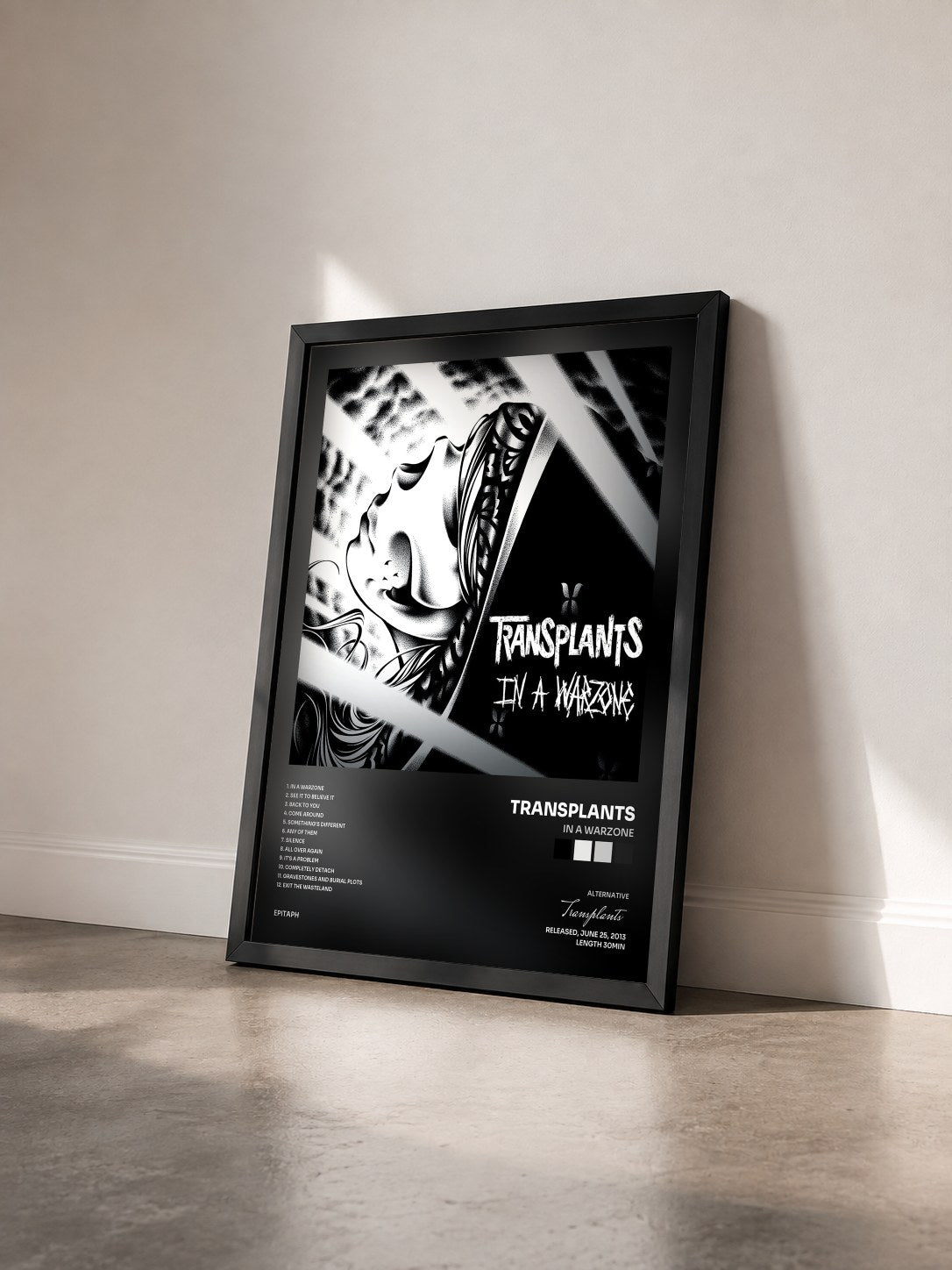 #noir Tableau de l'album In A Warzone de Transplants vu de trois quarts, cadre noir