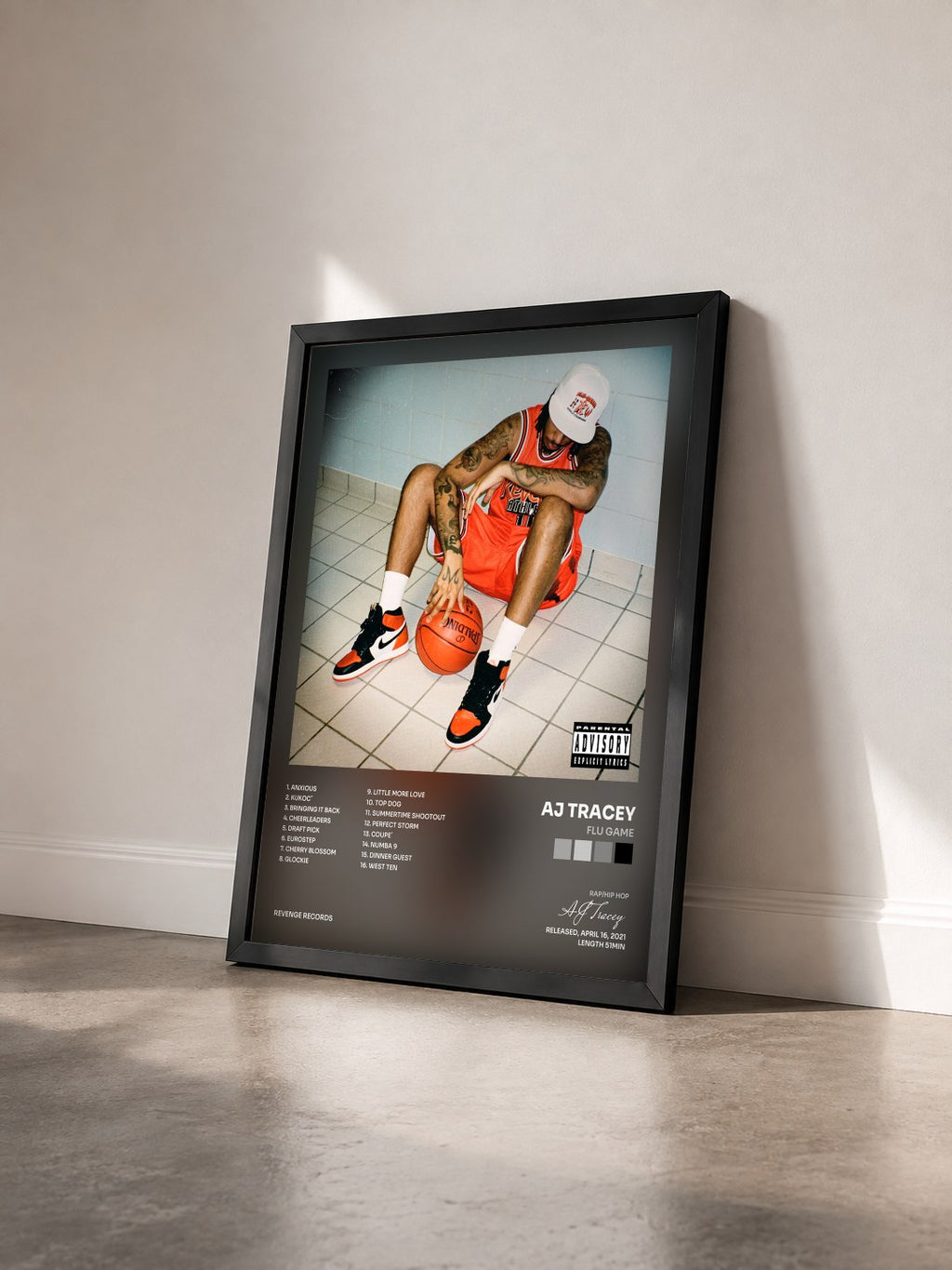 #noir Tableau de l'album Flu Game de AJ Tracey vu de trois quarts, cadre noir