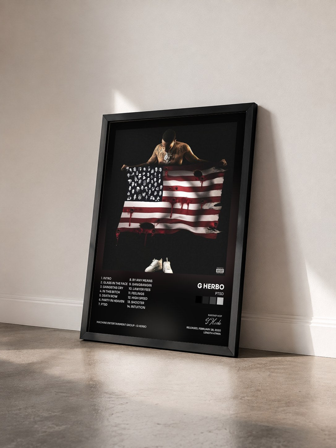 #noir Tableau de l'album PTSD de G Herbo vu de trois quarts, cadre noir