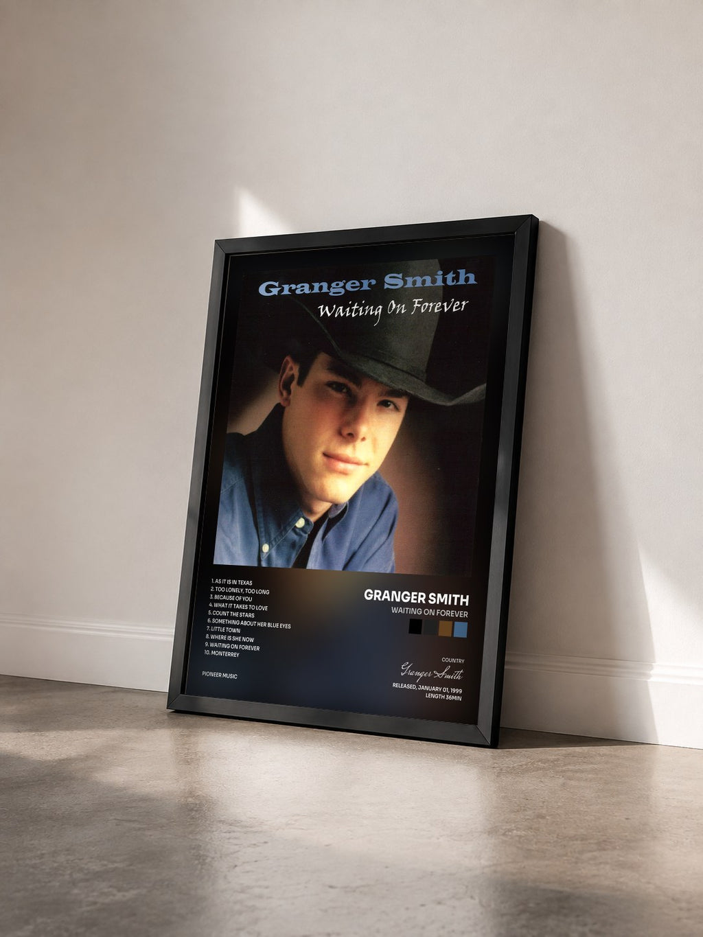 #noir Tableau de l'album Waiting on Forever de Granger Smith vu de trois quarts, cadre noir