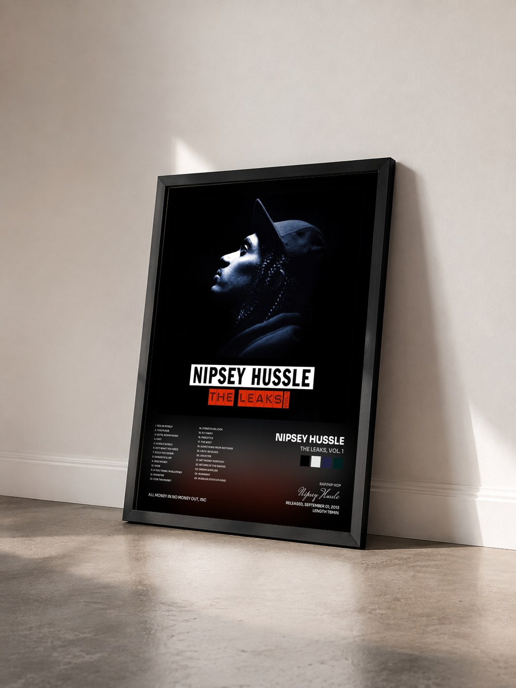 #noir Tableau de l'album The Leaks, Vol. 1 de Nipsey Hussle vu de trois quarts, cadre noir