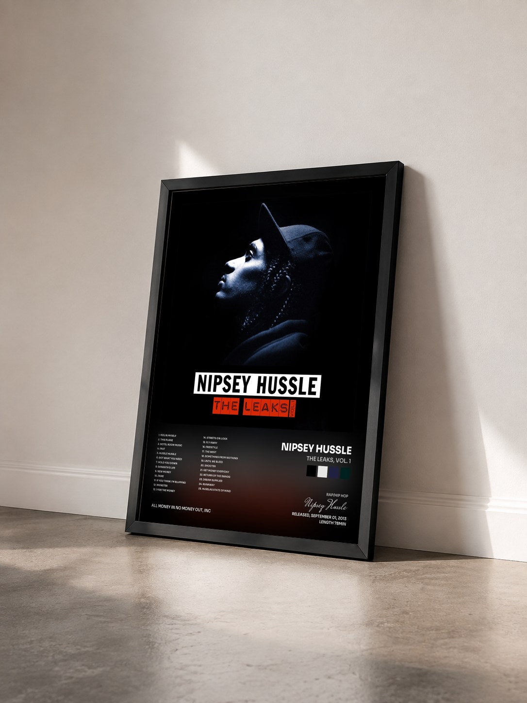 #noir Tableau de l'album The Leaks, Vol. 1 de Nipsey Hussle vu de trois quarts, cadre noir