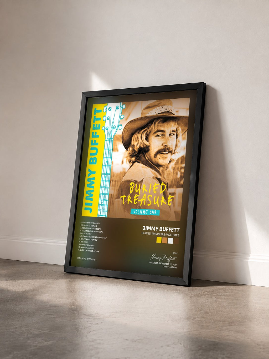 #noir Tableau de l'album Buried Treasure: Volume 1 de Jimmy Buffett vu de trois quarts, cadre noir