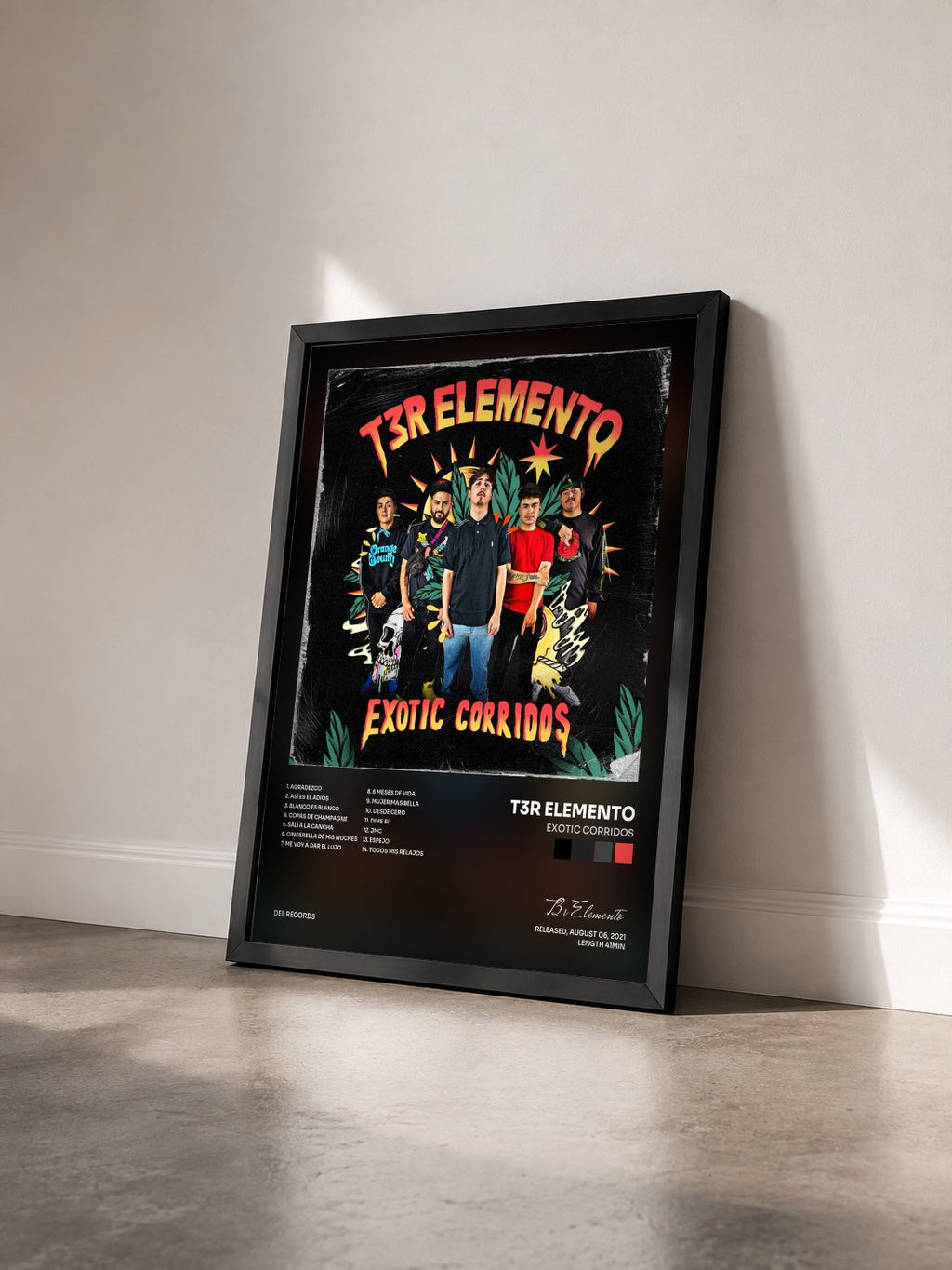 #noir Tableau de l'album Exotic Corridos de T3r Elemento vu de trois quarts, cadre noir