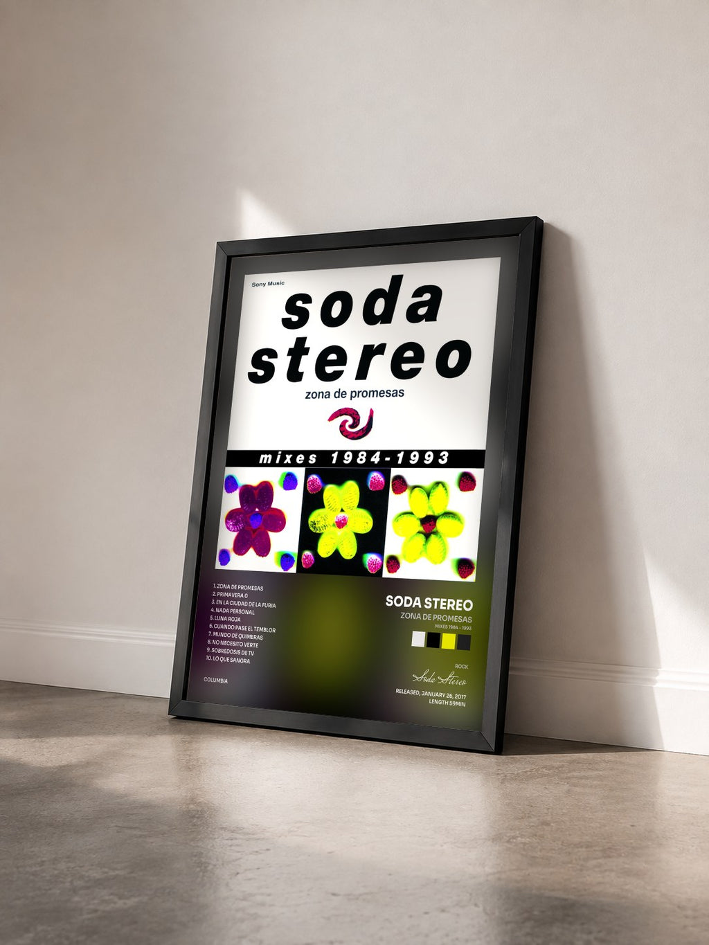 #noir Tableau de l'album Zona de Promesas (Mixes 1984 - 1993) de Soda Stereo vu de trois quarts, cadre noir