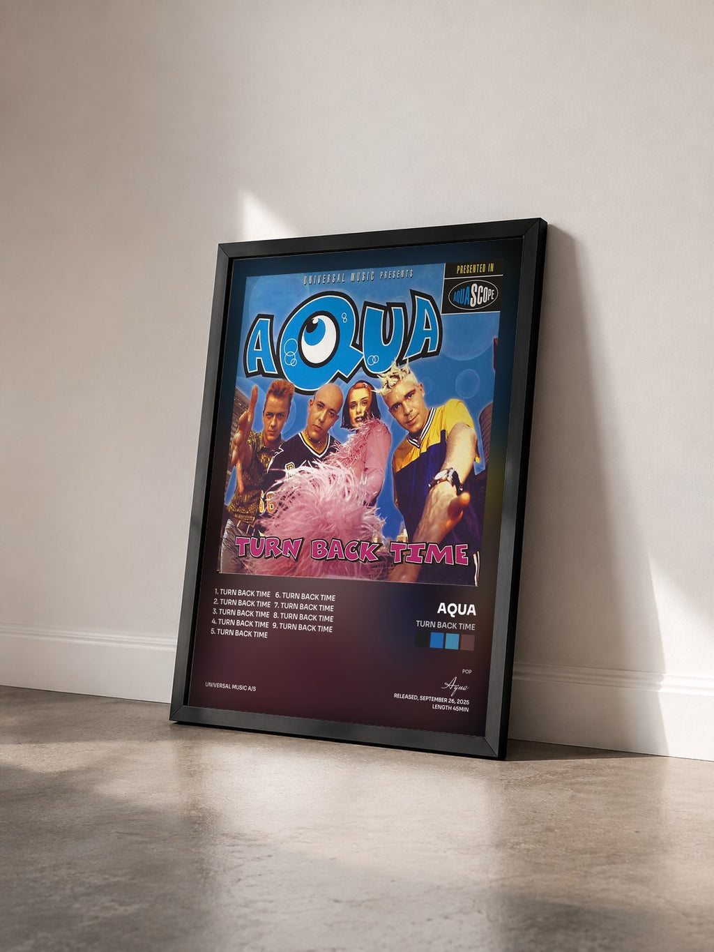 #noir Tableau de l'album Turn Back Time de Aqua vu de trois quarts, cadre noir