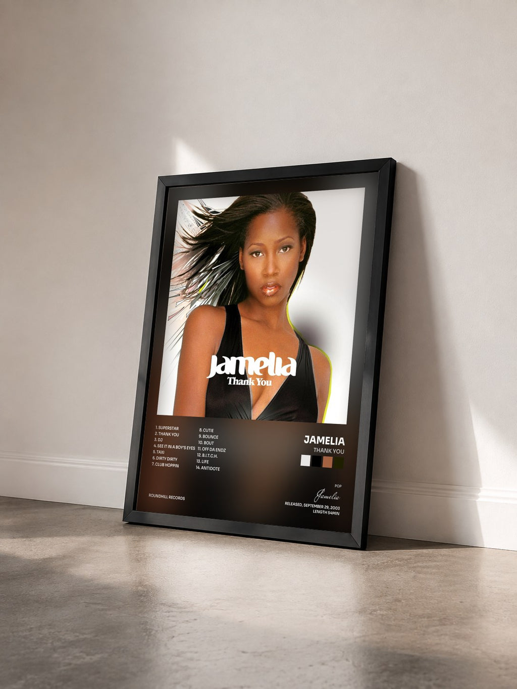 #noir Tableau de l'album Thank You de Jamelia vu de trois quarts, cadre noir