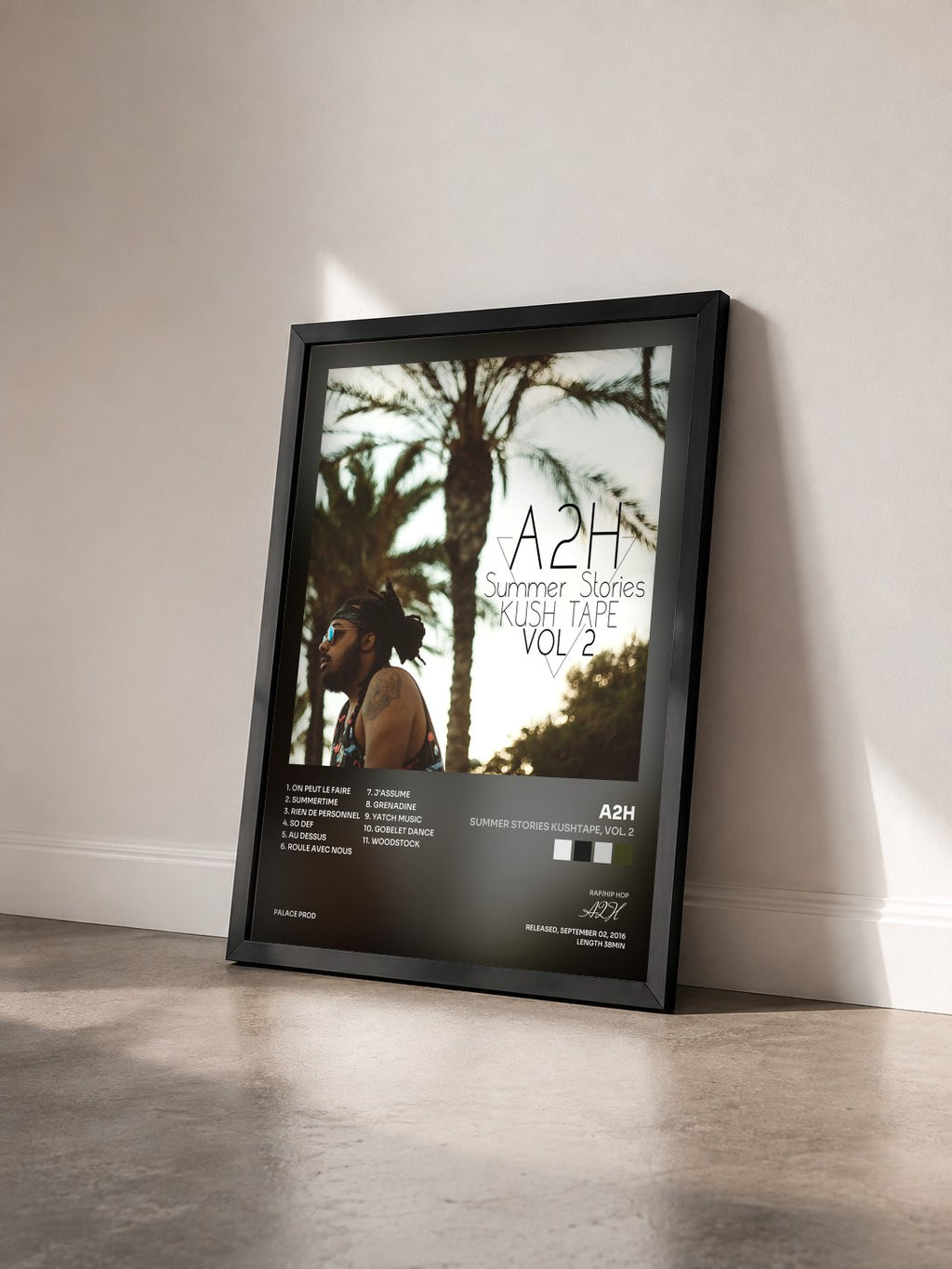 #noir Tableau de l'album Summer Stories Kushtape, Vol. 2 de A2H vu de trois quarts, cadre noir