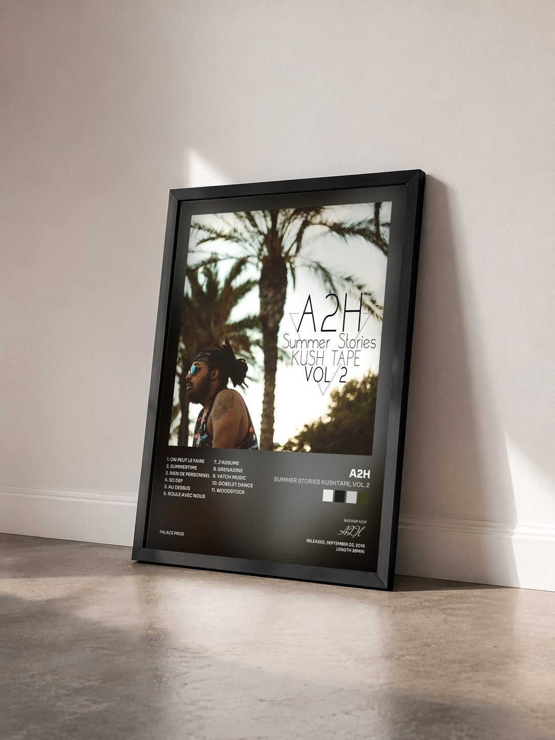 #noir Tableau de l'album Summer Stories Kushtape, Vol. 2 de A2H vu de trois quarts, cadre noir
