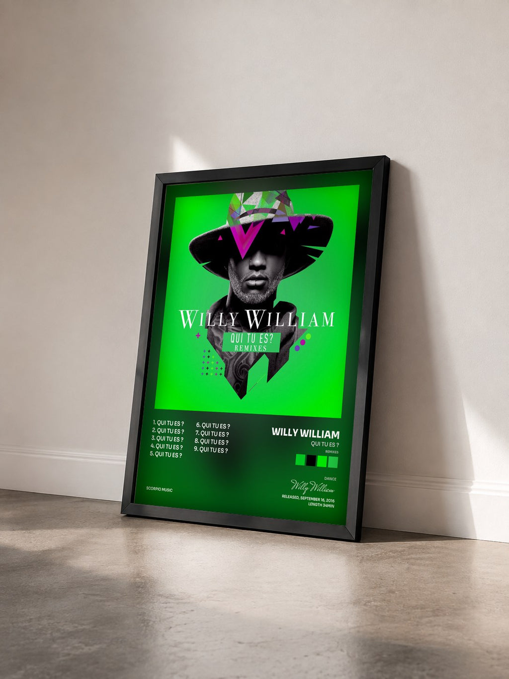 #noir Tableau de l'album Qui tu es ? (Remixes) de Willy William vu de trois quarts, cadre noir
