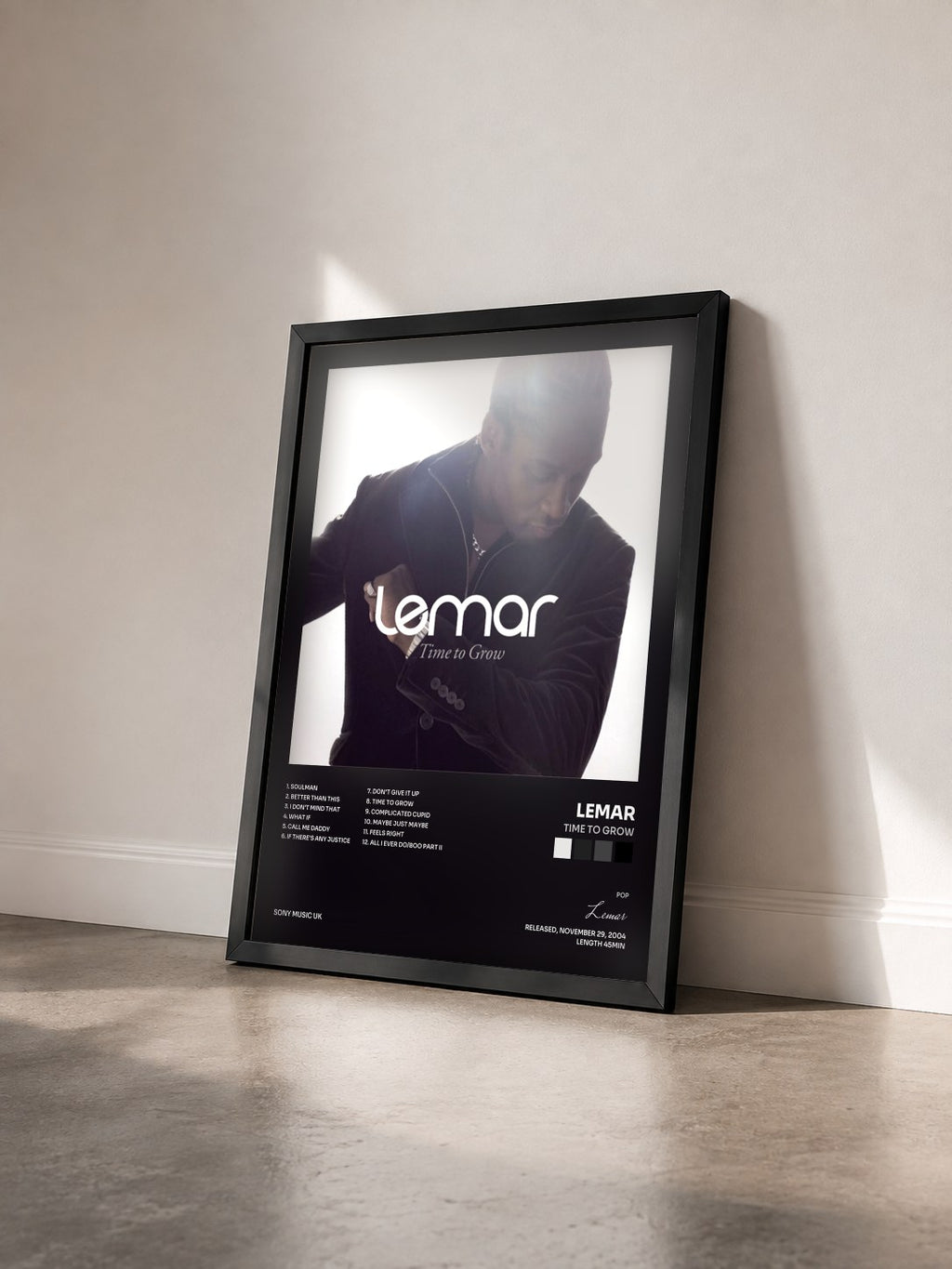 #noir Tableau de l'album Time To Grow de Lemar vu de trois quarts, cadre noir