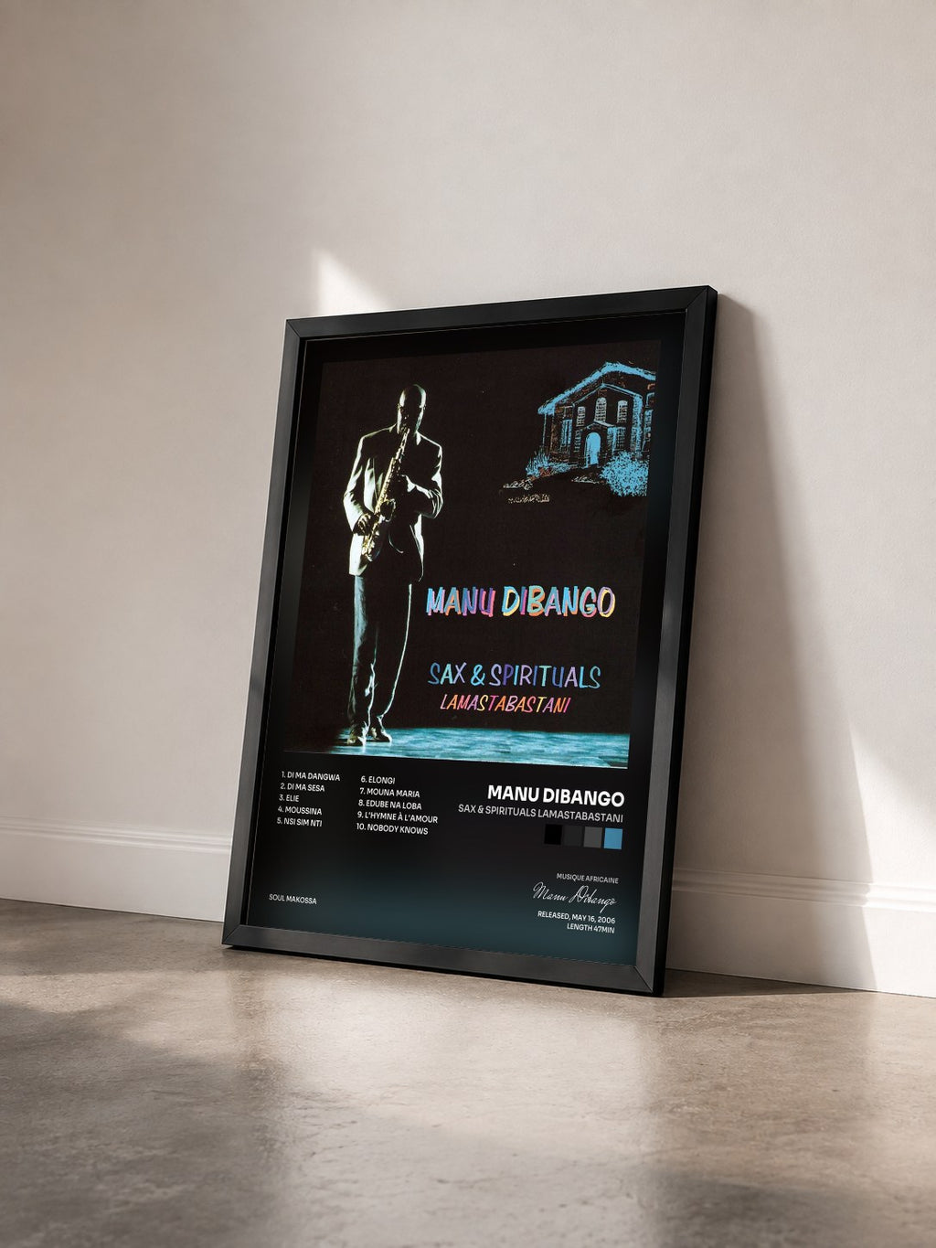 #noir Tableau de l'album Sax & Spirituals Lamastabastani de Manu Dibango vu de trois quarts, cadre noir