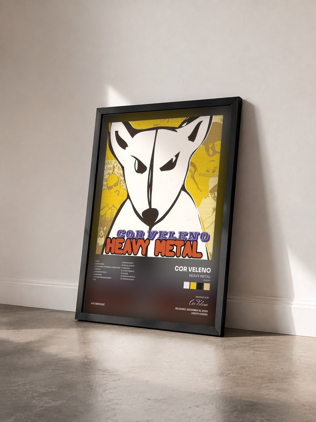 #noir Tableau de l'album Heavy Metal (Album) de Cor Veleno vu de trois quarts, cadre noir