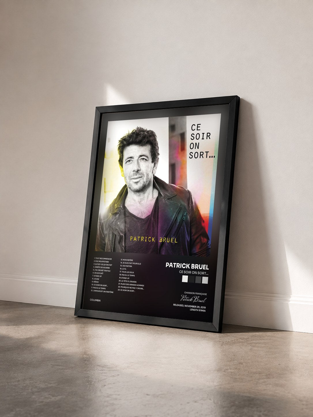 #noir Tableau de l'album Ce soir on sort... de Patrick Bruel vu de trois quarts, cadre noir