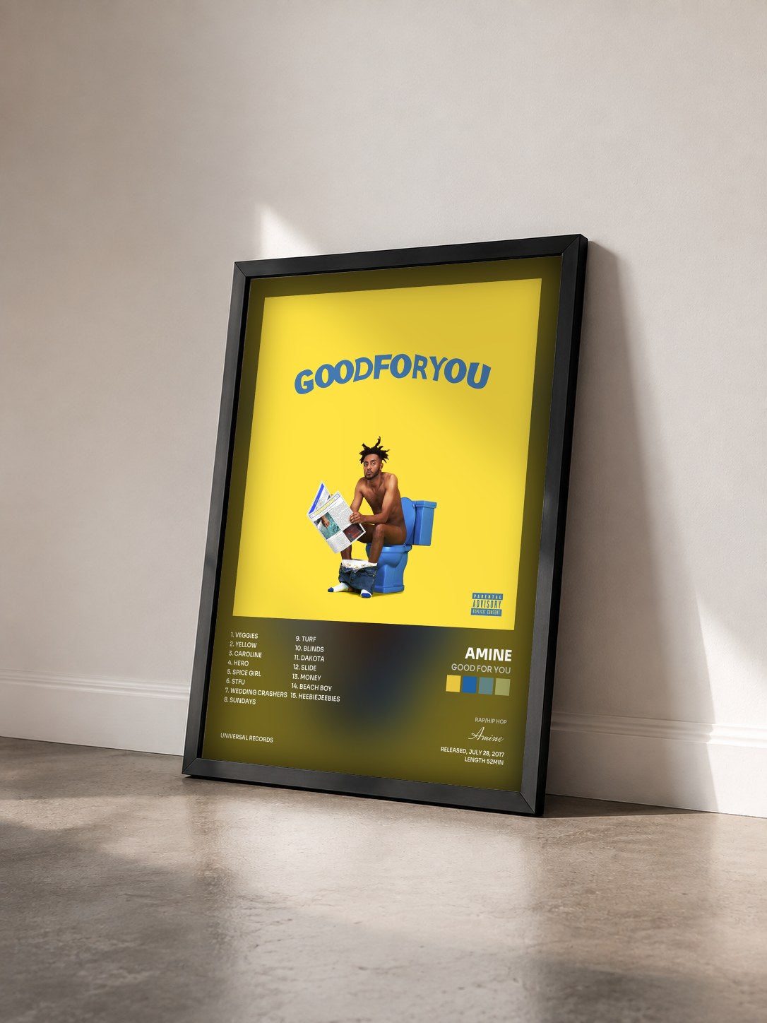 #noir Tableau de l'album Good For You de Amine vu de trois quarts, cadre noir