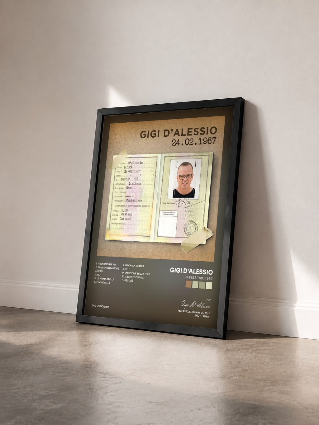 #noir Tableau de l'album 24 febbraio 1967 de Gigi D'Alessio vu de trois quarts, cadre noir