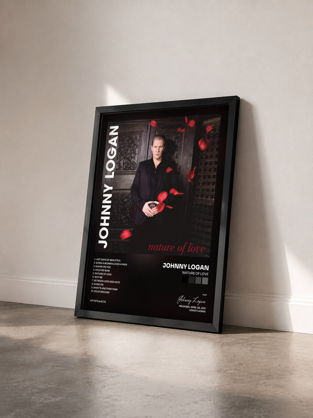 #noir Tableau de l'album Nature of Love de Johnny Logan vu de trois quarts, cadre noir