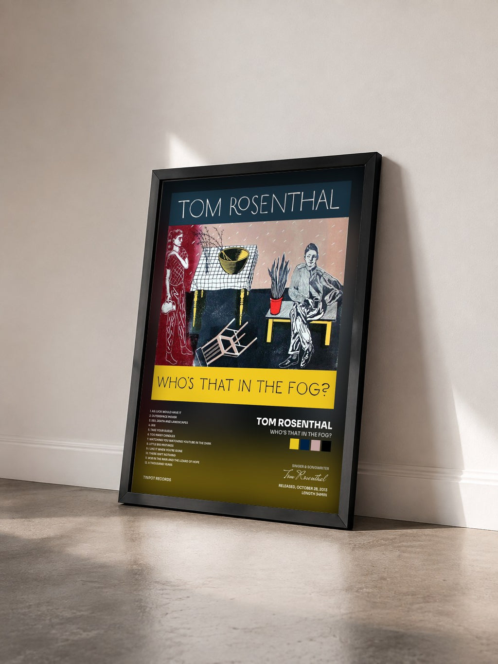 #noir Tableau de l'album Who's That in the Fog? de Tom Rosenthal vu de trois quarts, cadre noir