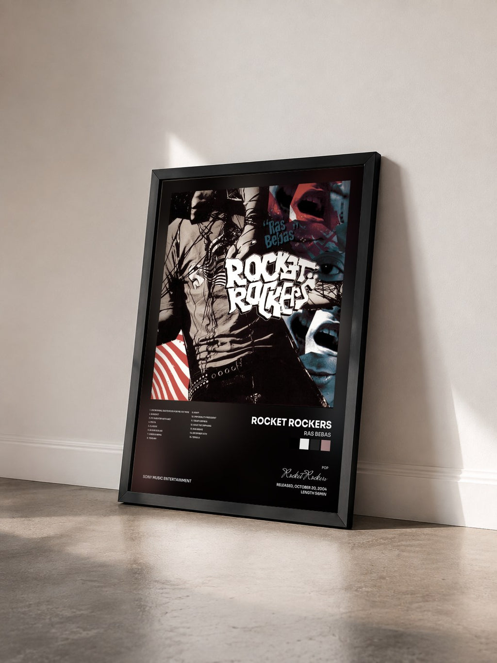 #noir Tableau de l'album Ras Bebas de Rocket Rockers vu de trois quarts, cadre noir
