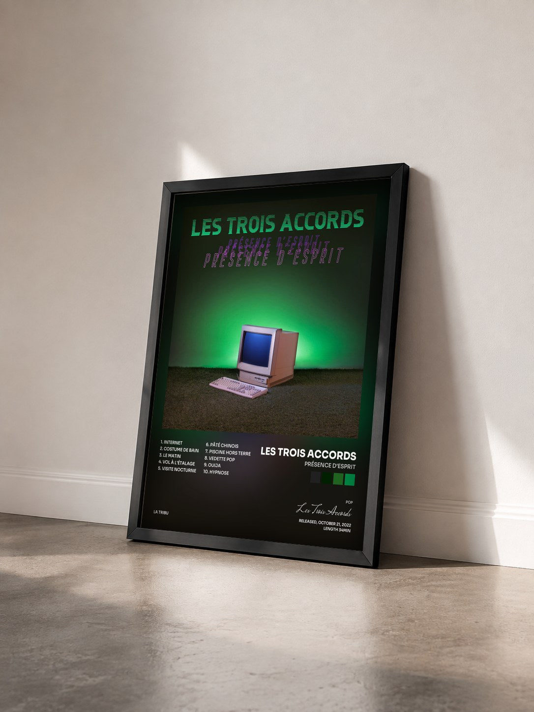 #noir Tableau de l'album Présence d'esprit de Les Trois Accords vu de trois quarts, cadre noir