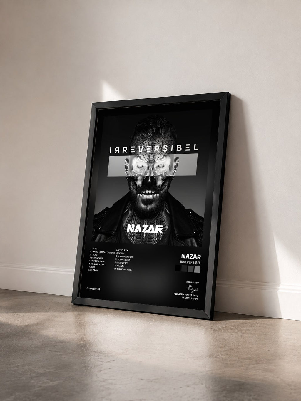#noir Tableau de l'album Irreversibel de Nazar vu de trois quarts, cadre noir