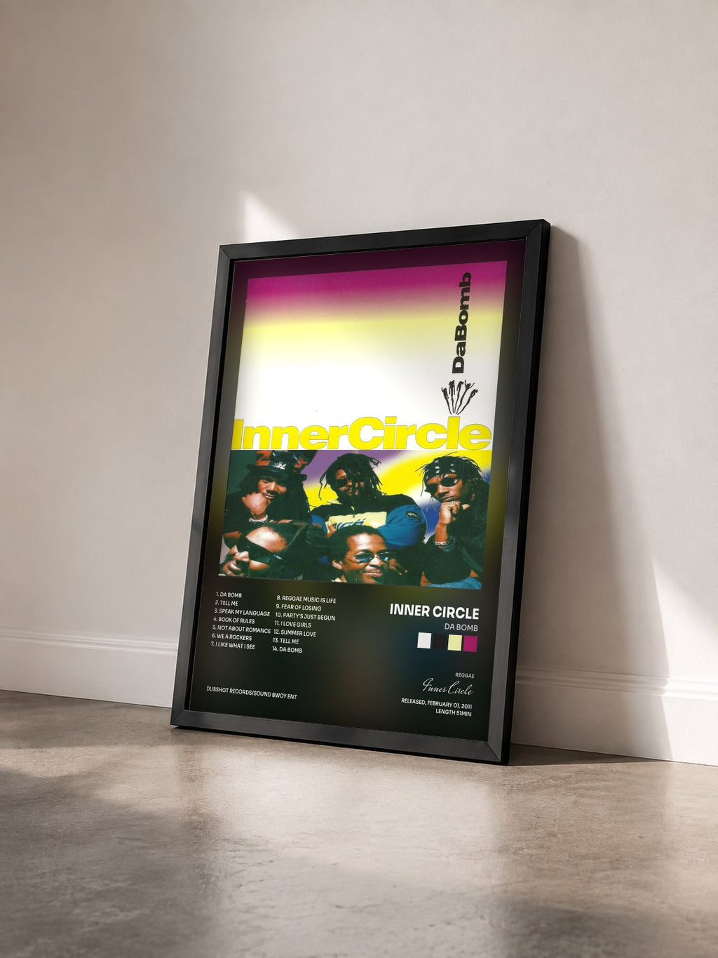 #noir Tableau de l'album Da Bomb de Inner Circle vu de trois quarts, cadre noir