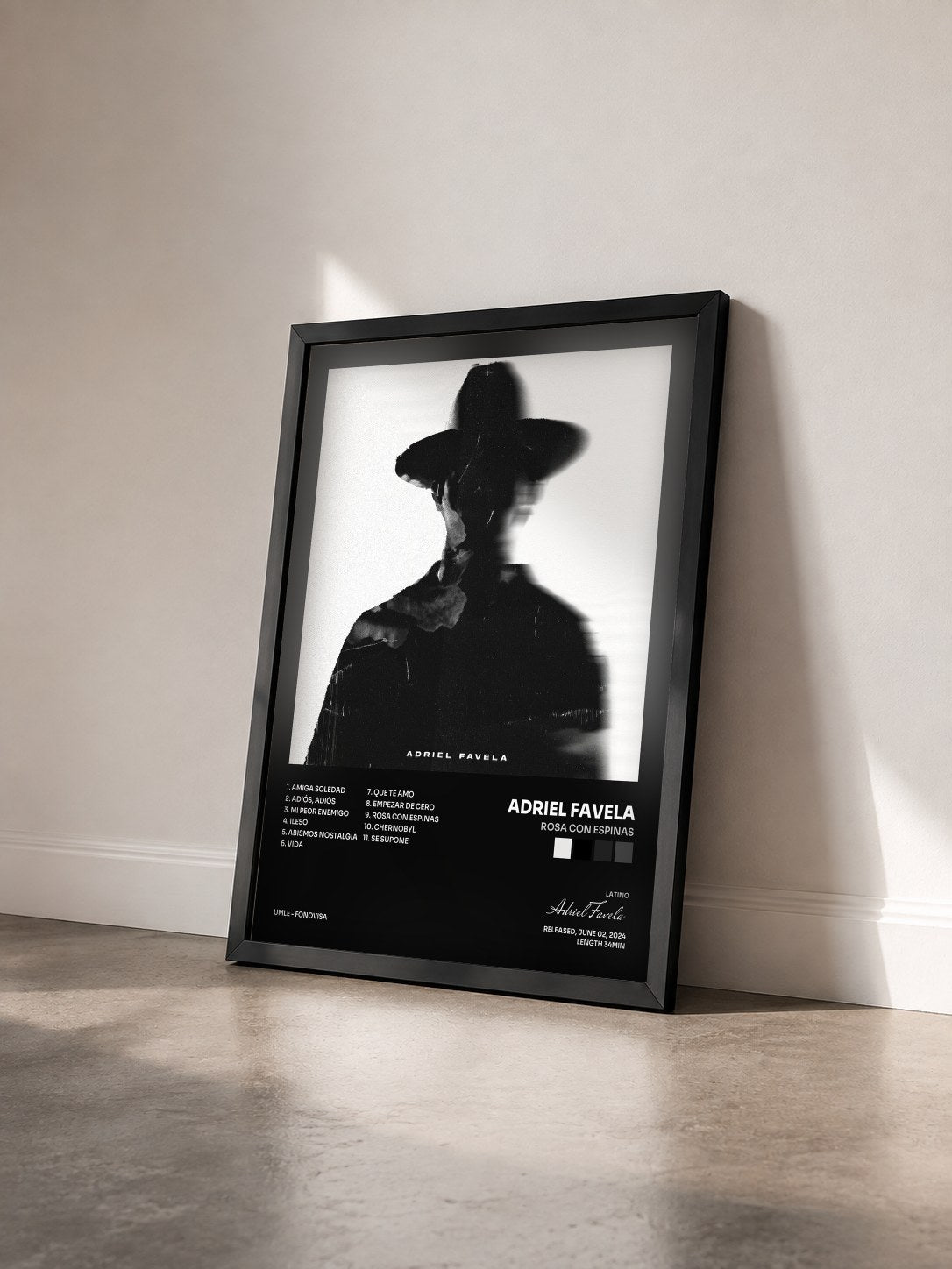 #noir Tableau de l'album Rosa Con Espinas de Adriel Favela vu de trois quarts, cadre noir