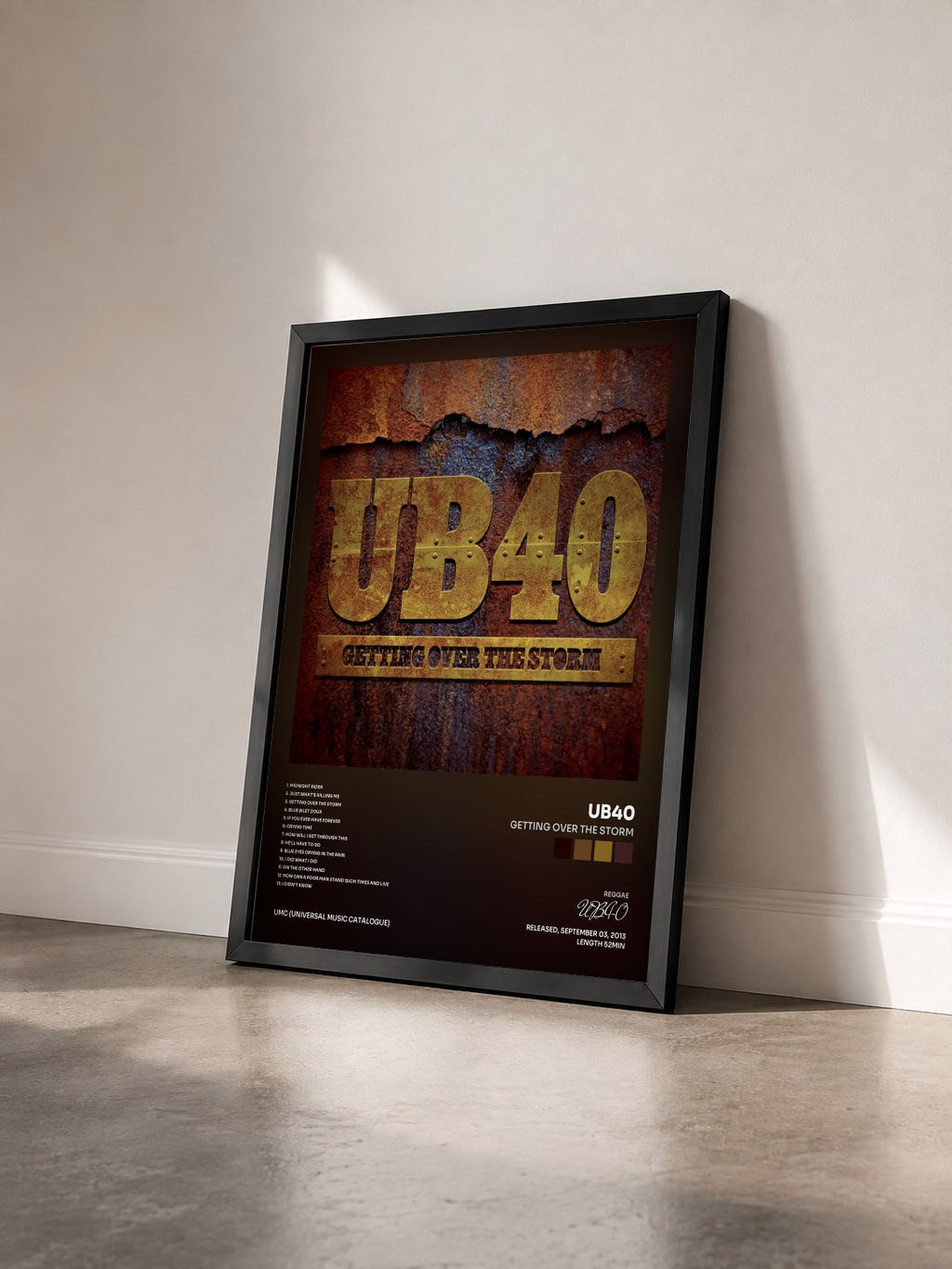 #noir Tableau de l'album Getting Over The Storm de UB40 vu de trois quarts, cadre noir
