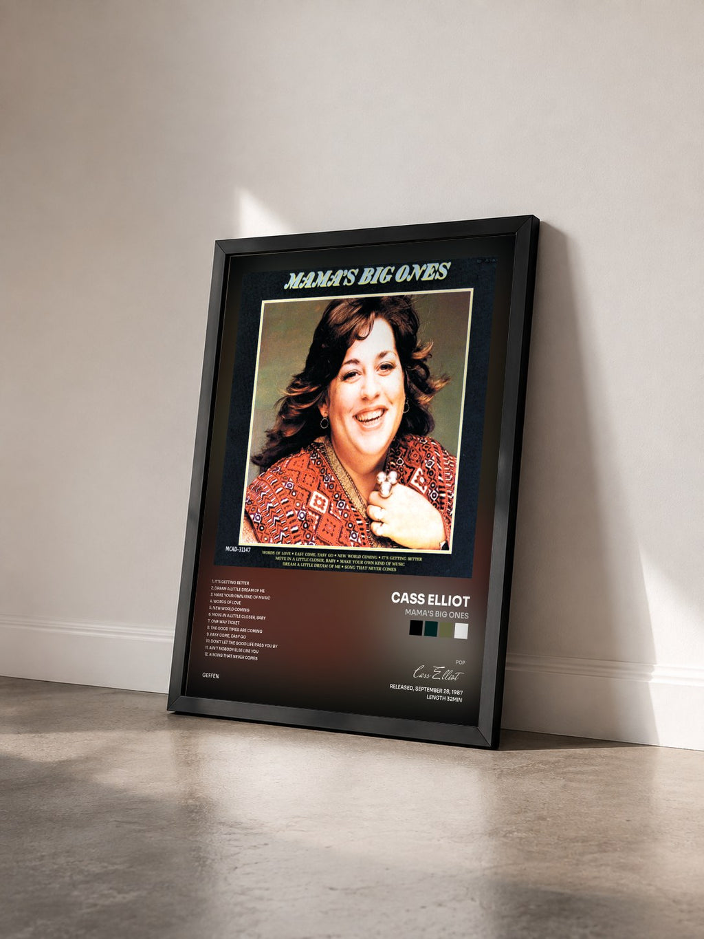 #noir Tableau de l'album Mama's Big Ones de Cass Elliot vu de trois quarts, cadre noir