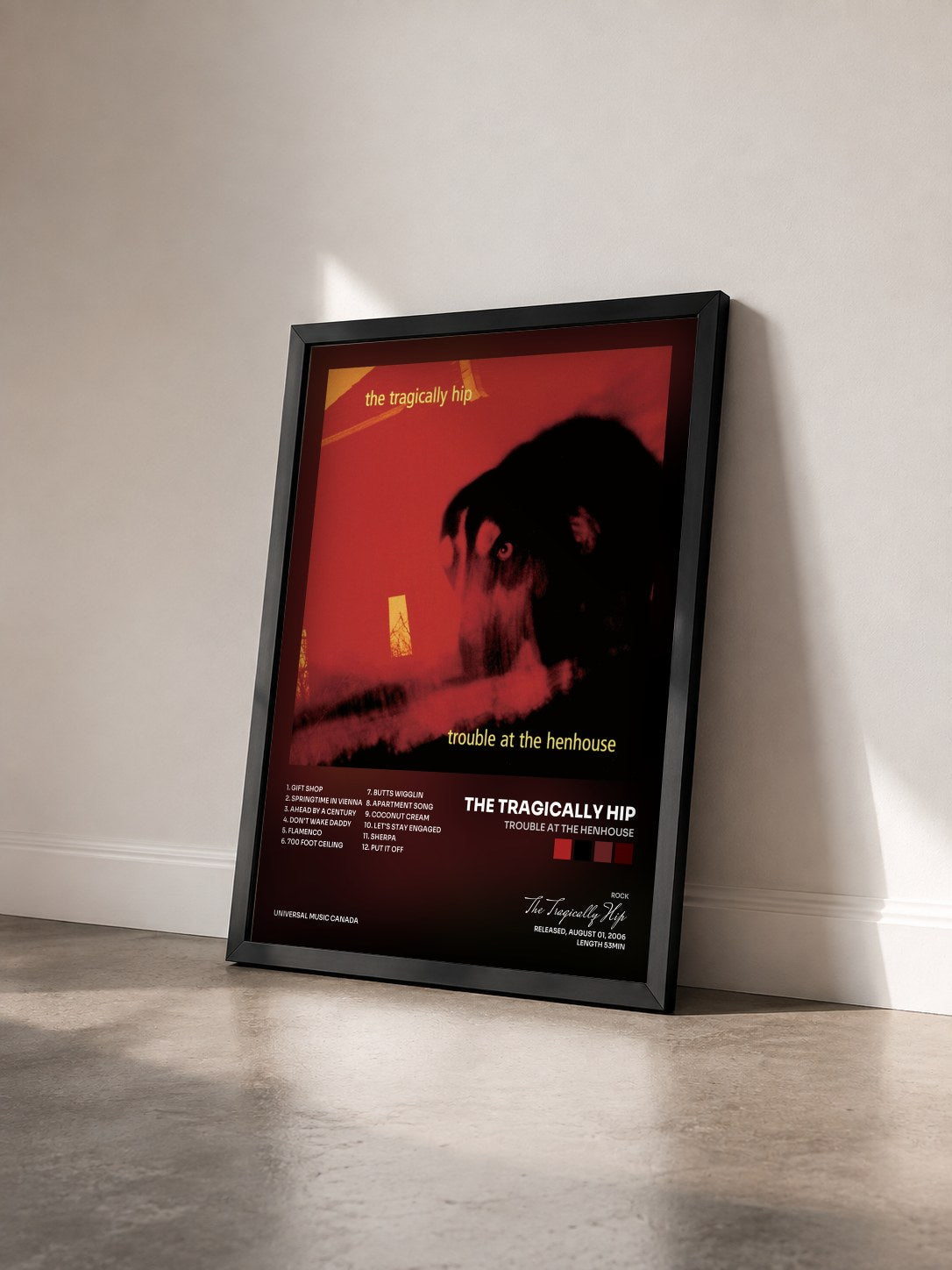 #noir Tableau de l'album Trouble At The Henhouse de The Tragically Hip vu de trois quarts, cadre noir