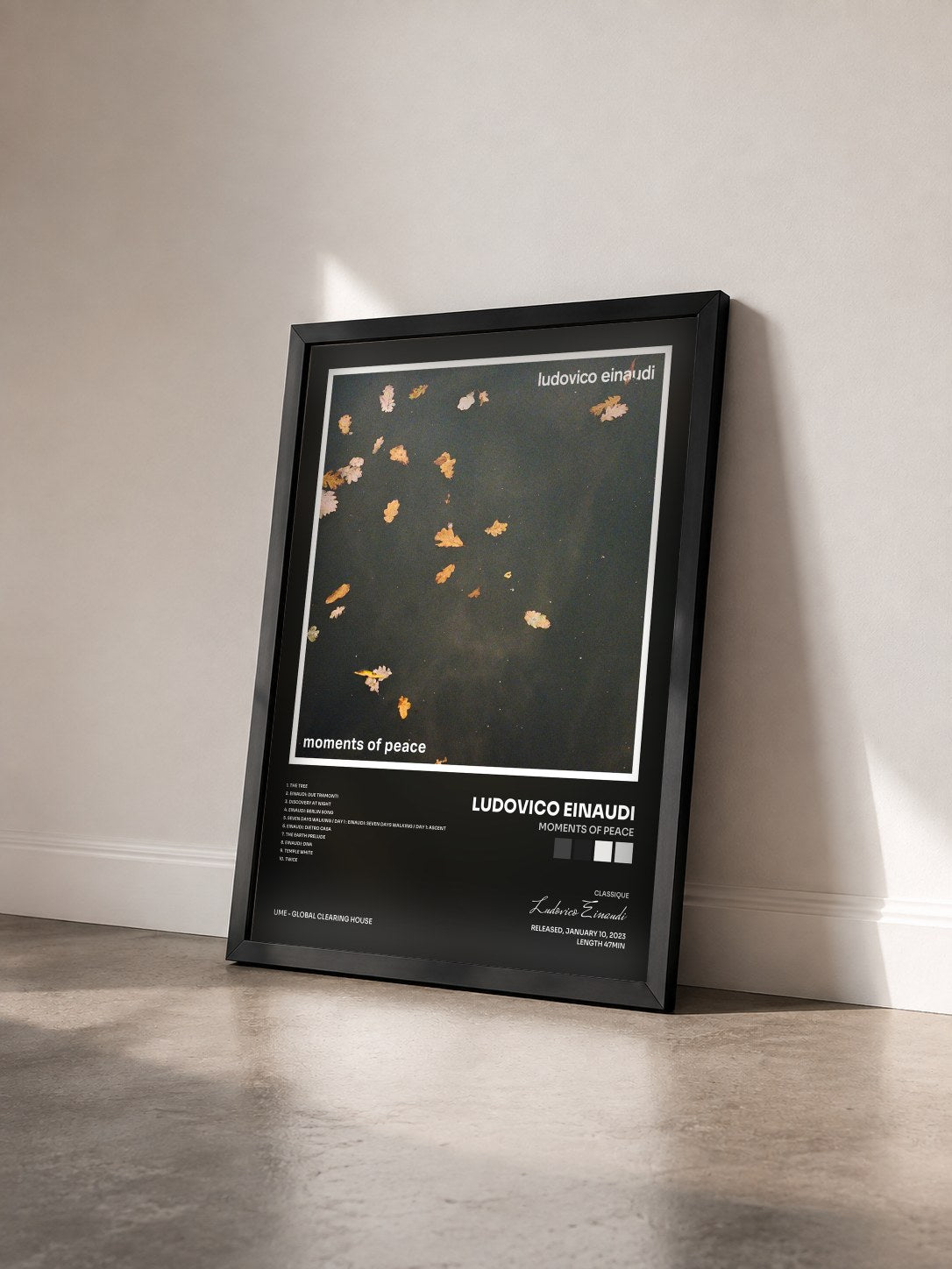 #noir Tableau de l'album Moments of Peace de Ludovico Einaudi vu de trois quarts, cadre noir