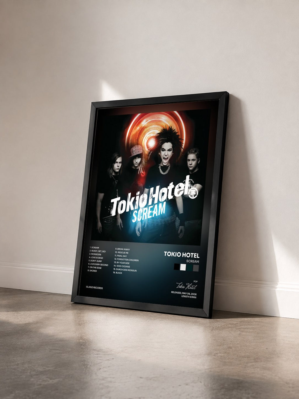 #noir Tableau de l'album Scream de Tokio Hotel vu de trois quarts, cadre noir