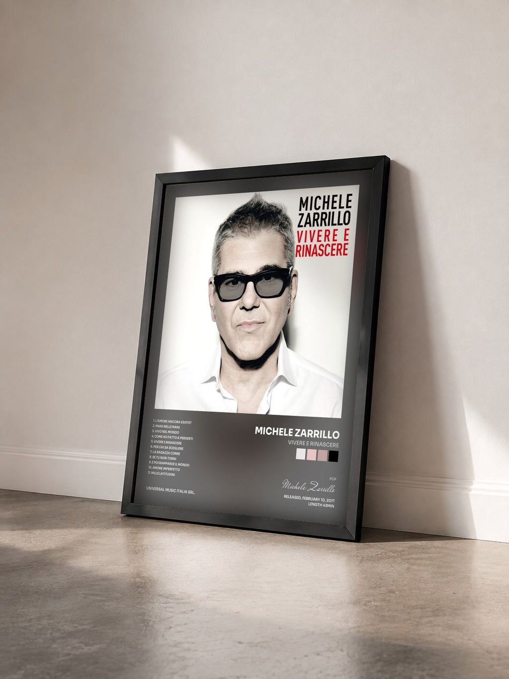 #noir Tableau de l'album Vivere E Rinascere de Michele Zarrillo vu de trois quarts, cadre noir