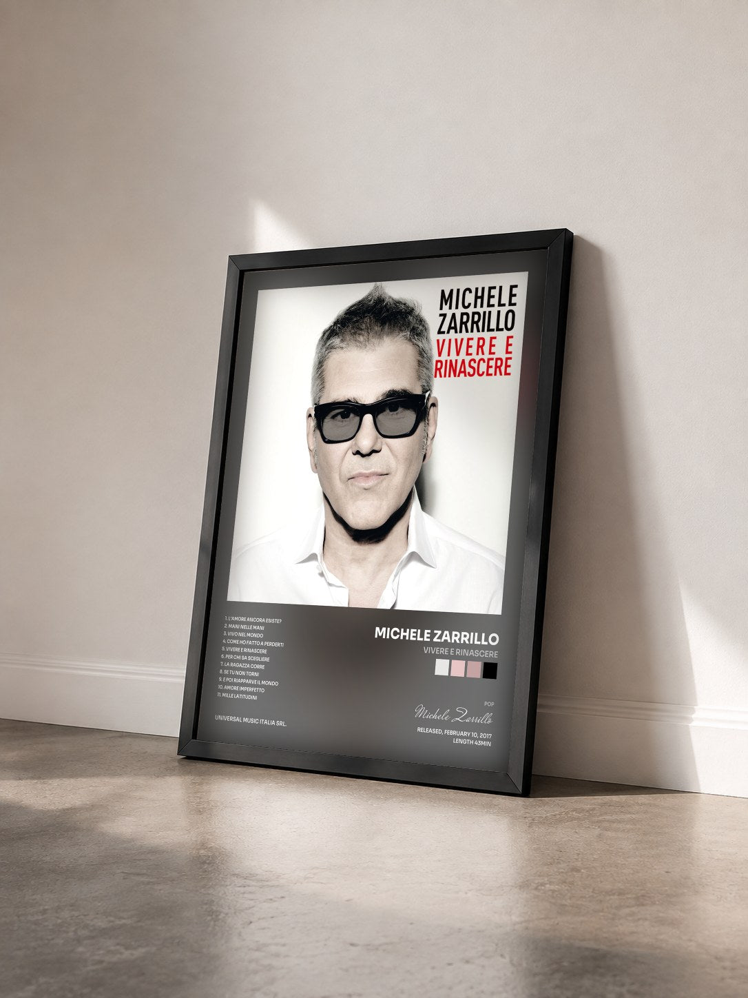 #noir Tableau de l'album Vivere E Rinascere de Michele Zarrillo vu de trois quarts, cadre noir