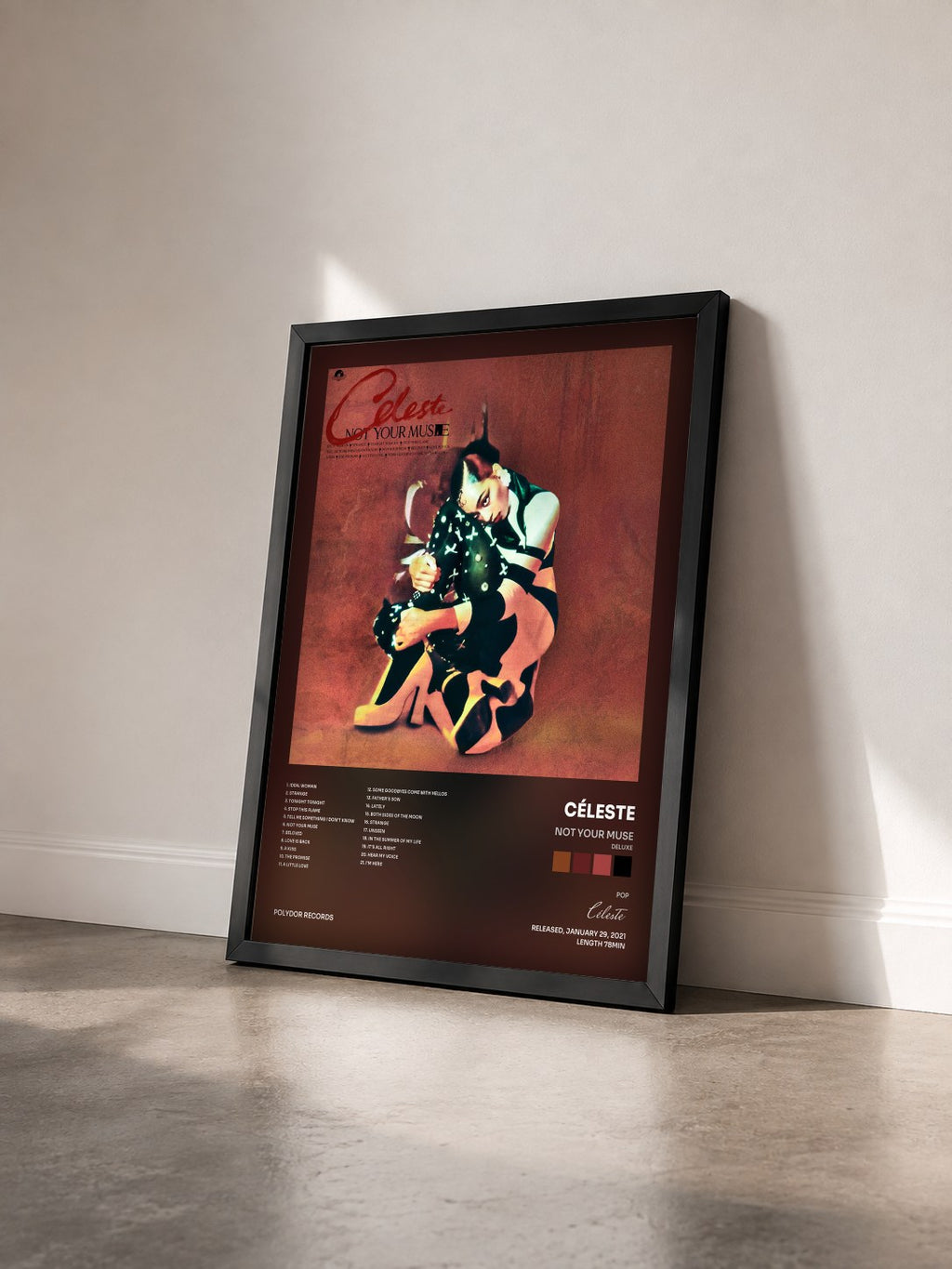 #noir Tableau de l'album Not Your Muse (Deluxe) de Céleste vu de trois quarts, cadre noir