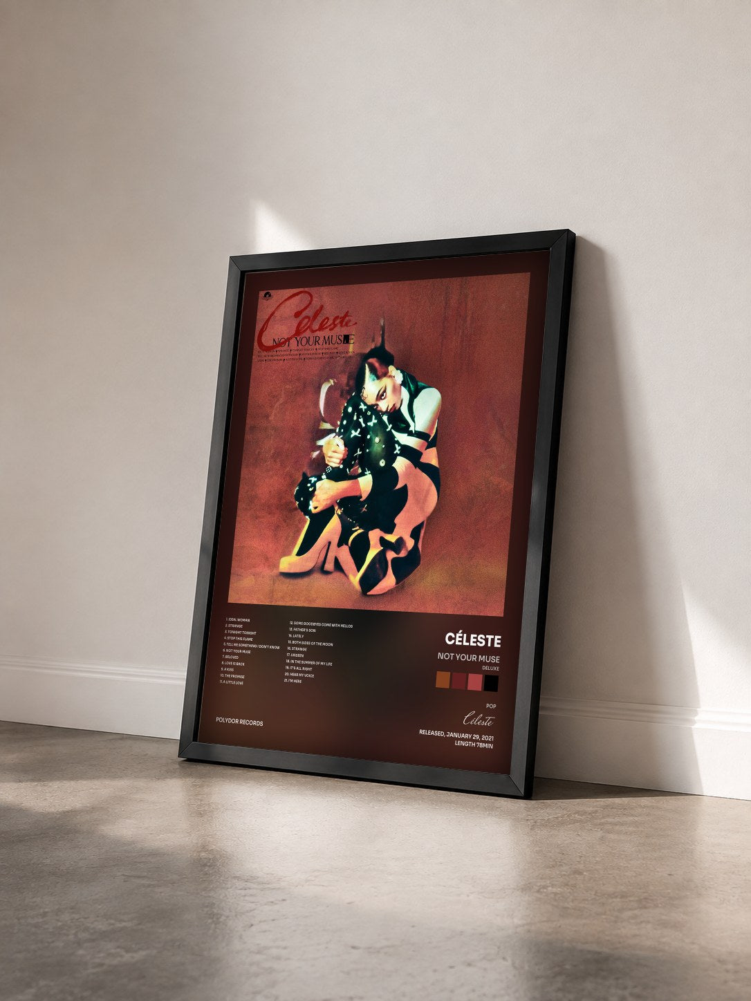 #noir Tableau de l'album Not Your Muse (Deluxe) de Céleste vu de trois quarts, cadre noir